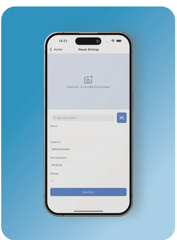 Screenshot: neuer Eintrag mit Barcode-Scan